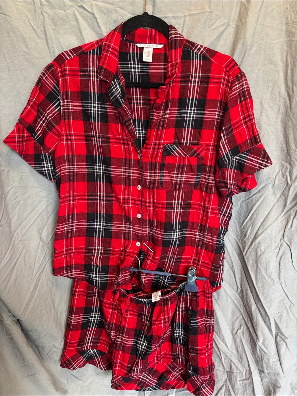 Victoria's Secret Red and Black Pyjama Shirt and Short Set